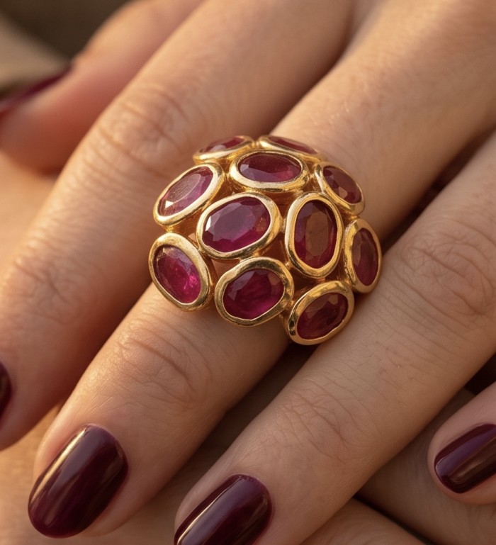Giovanna 19.7 carat Mozambique Ruby .925 Sterling Silver dipped in 22K Gold handmade Statement Ring size 7 - Ruby ring worn on hand, close-up view.