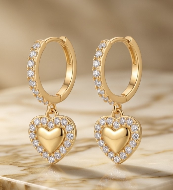 Precious Hearts - authentic 0.5 carat White Topaz .925 Sterling Silver dipped in 14K Gold handcrafted Statement Earrings - Gold heart hoop earrings with white topaz stones, front view.
