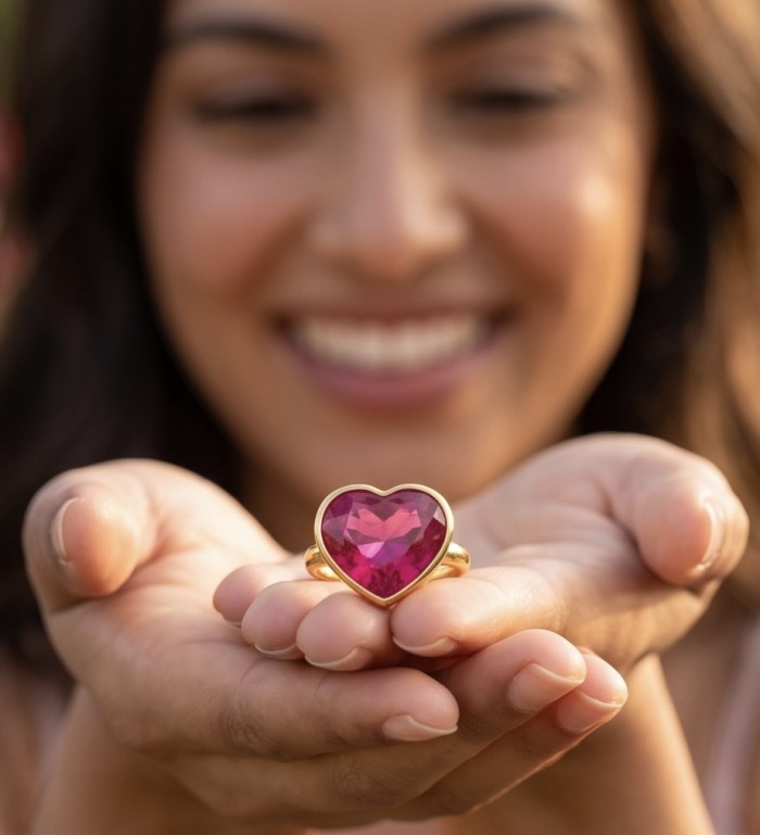Angel's Heart Natural heart shape 18.7 carat Ruby .925 Sterling Silver dipped in 22K Gold handmade Statement Ring size 6 1/4 - Close-up of heart-shaped ruby ring held in open hands.