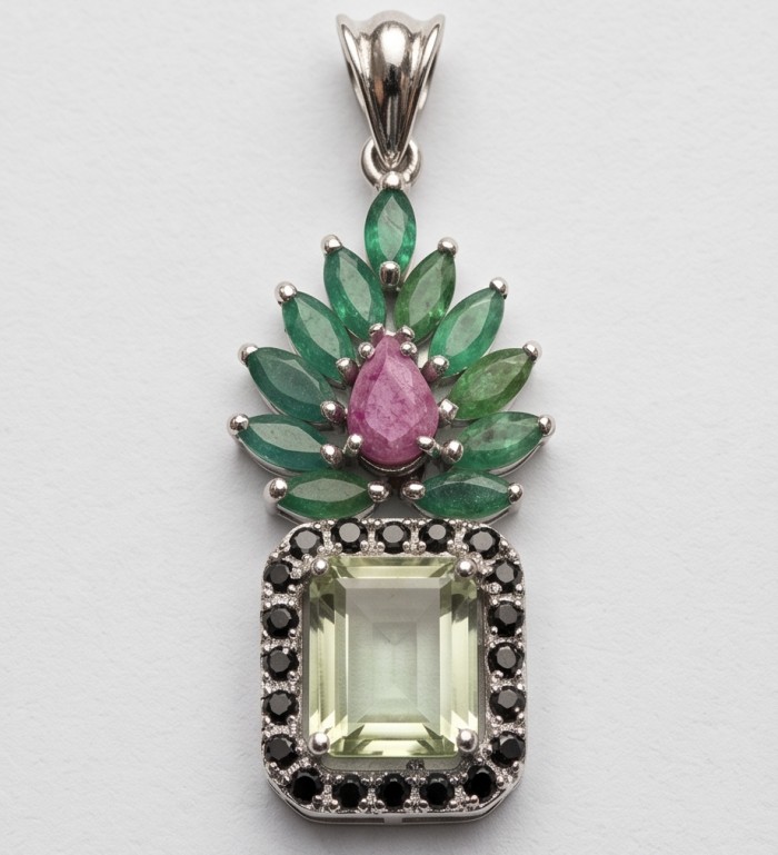 Victoria Authentic 17.2 carat green Amethyst Garnet rhodium over .925 Sterling Silver handmade pendant - Pendant with green amethyst, emeralds, and pink rhodium, front view.