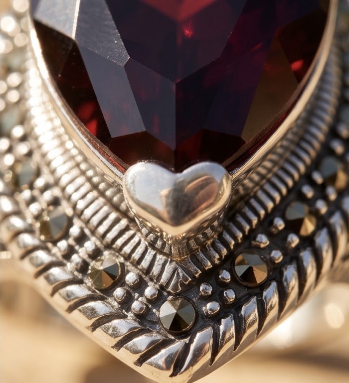 EMPRESS Genuine 18.9 CARAT Ruby rhodium over .925 Sterling Silver Statement Ring size 7 1/4 - Close-up of EMPRESS 18.9 carat ruby with sterling silver heart detail.