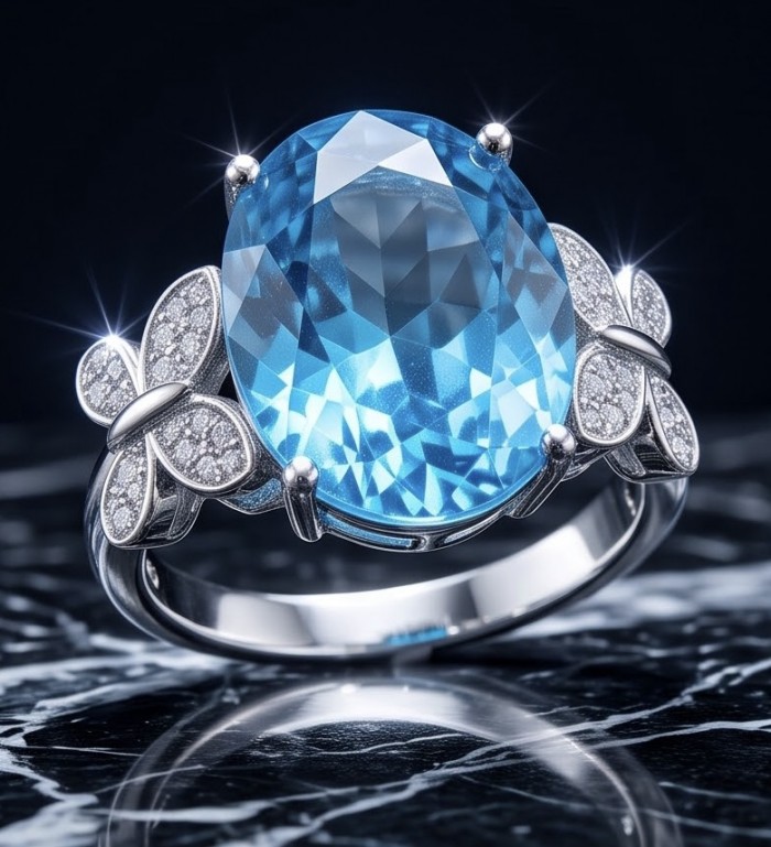 Oceania 14.5 carat Paraiba Tourmaline .925 Sterling Silver Handcrafted Ring size 8 3/4 - Close-up of Oceania ring with blue tourmaline and butterfly accents