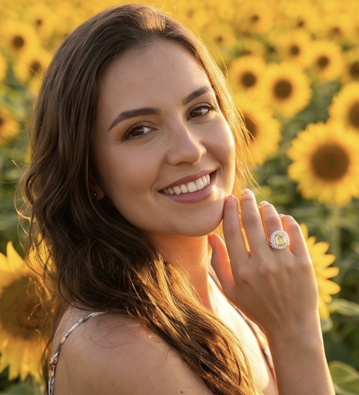 Solid asscher cut 25.8 carat Genuine Yellow Sapphire .925 Sterling Silver handcrafted ring size 6 - Woman wearing yellow sapphire ring in sunflower field, close-up view.