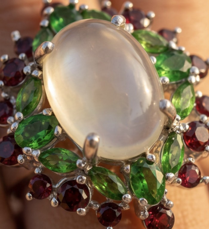 Bringer of Joy Authentic 22.9 carat Brazilian Citrine .925 Sterling Silver brilliantly handcrafted Statement Statement ring; s. 8 1/4 - Close-up of a gemstone ring with green and red surrounding stones