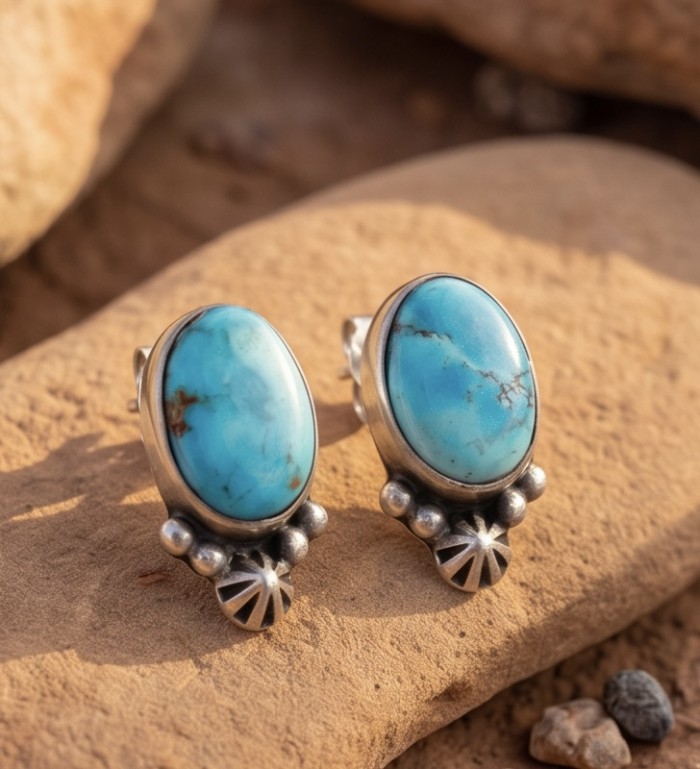Great authentic Sleeping Beauty Turquoise .925 Sterling Silver handcrafted Earrings - Close-up of Sleeping Beauty Turquoise earrings on a stone surface.