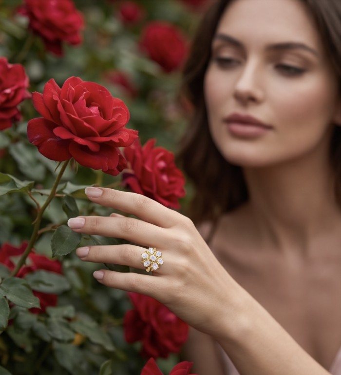 Scarlett 15.5 carat Brazilian Rose Quartz 22K Gold over .925 Sterling Silver handcrafted Statemen Ring size 8 - Woman wearing Scarlett ring, with rose in blurred background.