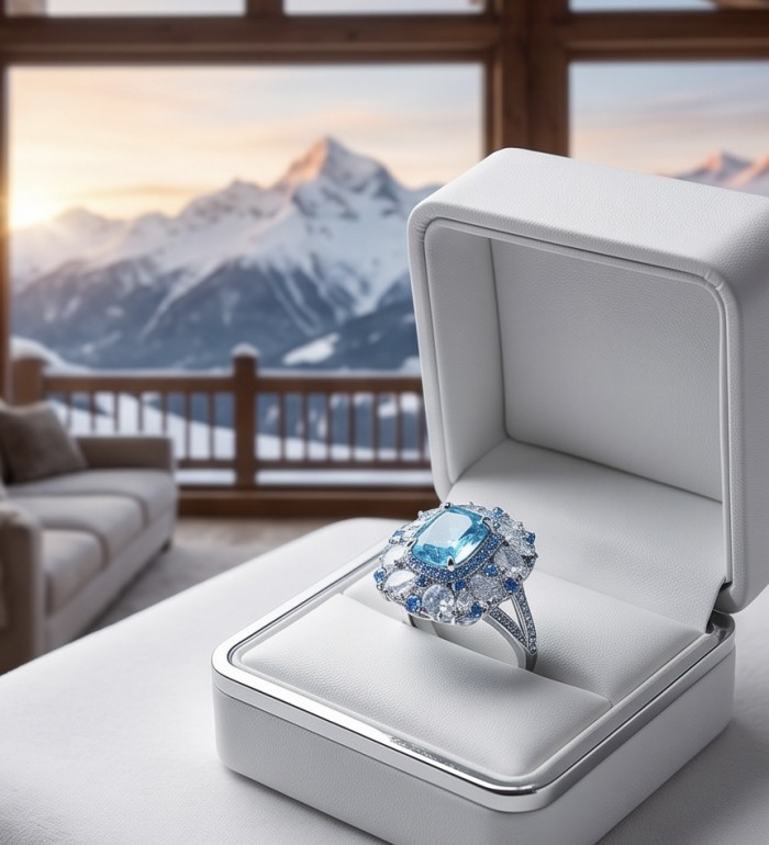 Mademoiselle - 24.5 carat natural Swiss Blue Topaz .925 Sterling Silver dipped in Rhodium handcrafted Large Statement Ring size 9 1/4 - Side view of a Swiss Blue Topaz ring in a white box, snowy mountain backdrop.