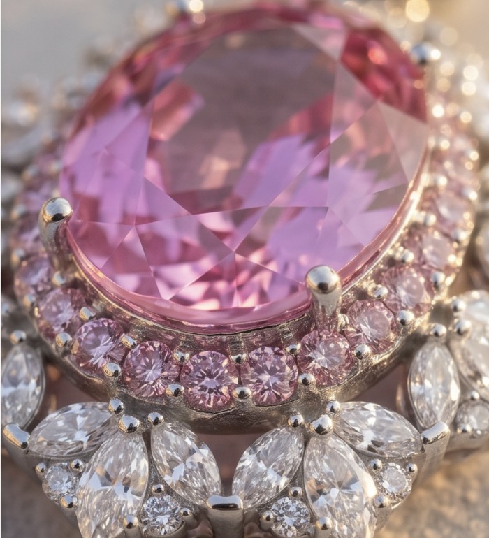 Tiffany Incredible oval cut 20.4 carat Pink Sapphire .925 Sterling Silver handcrafted pendant - Close-up of Tiffany 20.4 carat pink sapphire surrounded by diamonds.