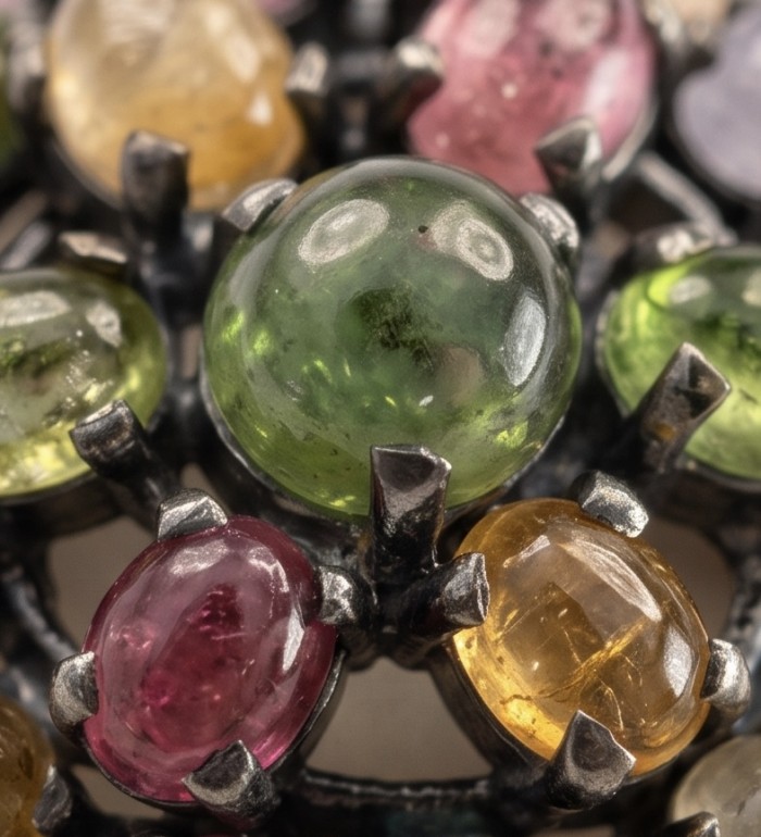 Rio de Janeiro 22.7 carat Brazilian Watermalon Tourmaline black rhodium over .925 Sterling Silver handmade Pendant - Close-up of Brazilian watermelon tourmaline stones in intricate setting.