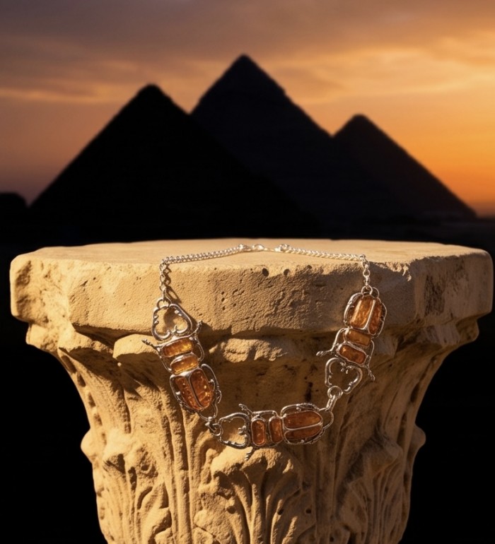 Unique creation - The Egyptian Scarab Beetles natural Baltic Amber .925 Sterling Silver handcrafted necklace - Necklace on carved stone with pyramids in background at sunset.