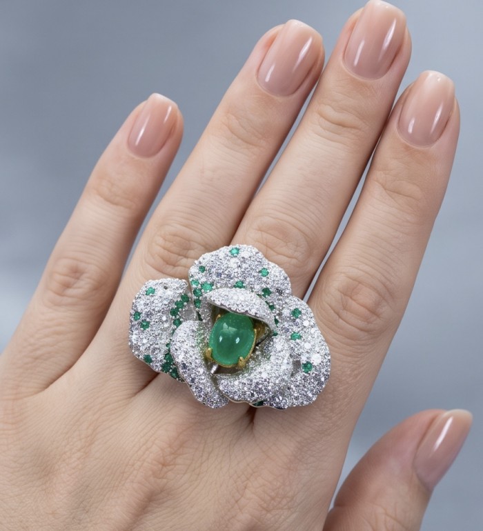 Secret Rose - Vintage Style 6.8 carat Jade 18K Gold over .925 Sterling Silver handmade Large Cocktail Ring s. 6 - Secret Rose jade ring worn on hand, vintage style with green stones.