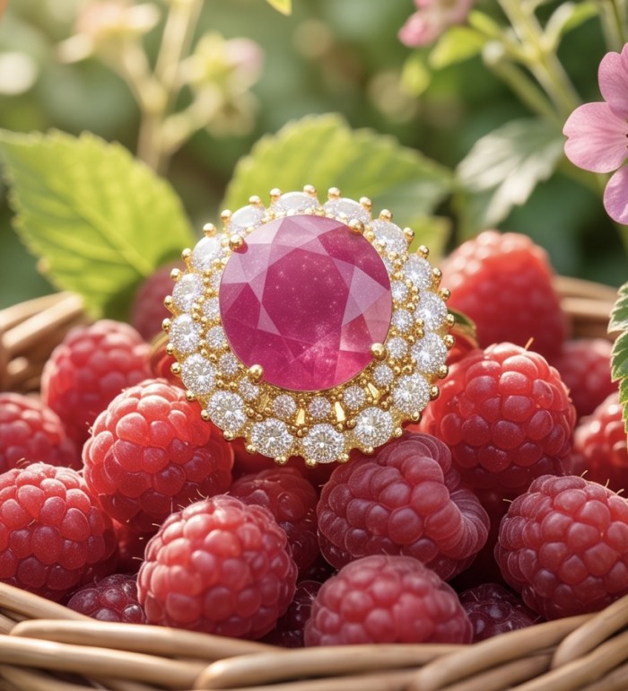 Scarlett 9.7 ctw Mozambique Ruby .925 Sterling Silver dipped in 22K Gold handcrafted Statement Ring size 8 - Close-up of Scarlett 9.7 ctw Mozambique Ruby ring on raspberries.