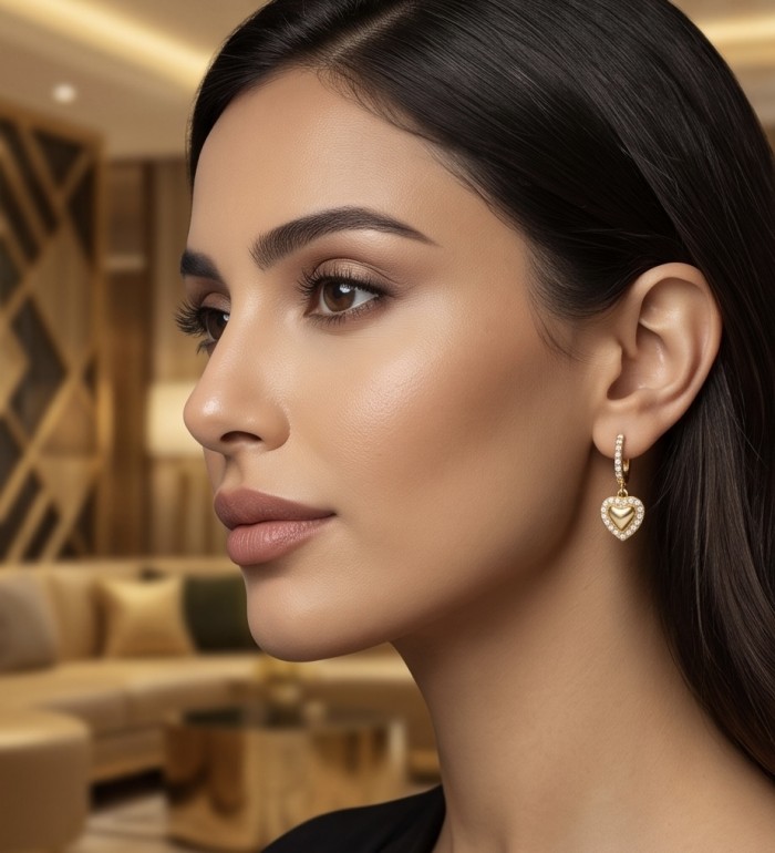 Precious Hearts - authentic 0.5 carat White Topaz .925 Sterling Silver dipped in 14K Gold handcrafted Statement Earrings - Side view of model wearing Precious Hearts white topaz earrings.