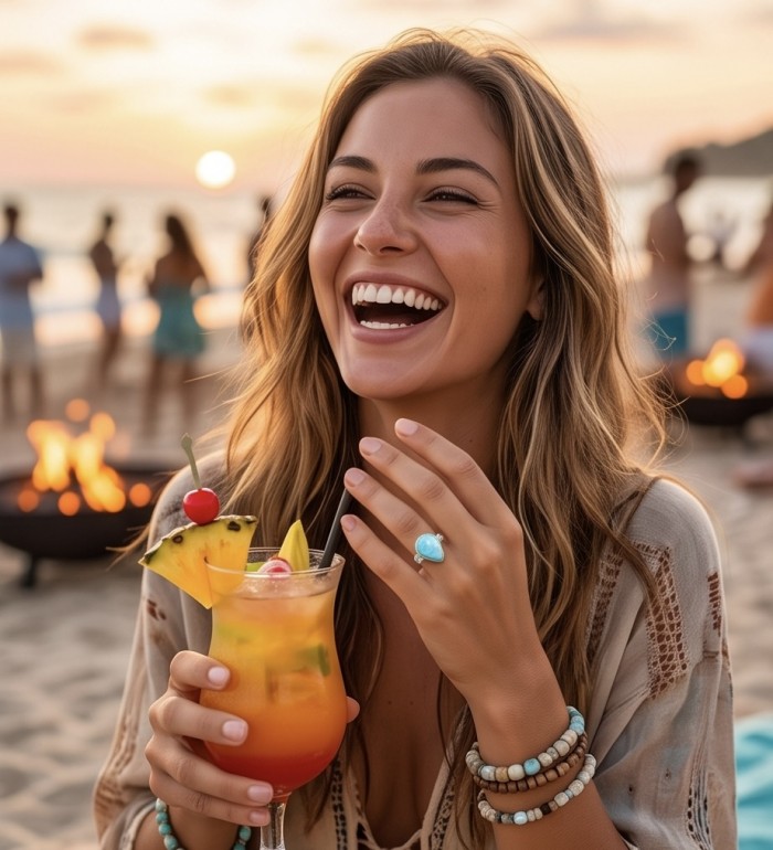 12.8 carat Blue Perfection natural Larimar .925 Sterling Silver handmade ring size 8 1/2 - Woman wearing Larimar ring, front view, on a beach holding a cocktail.