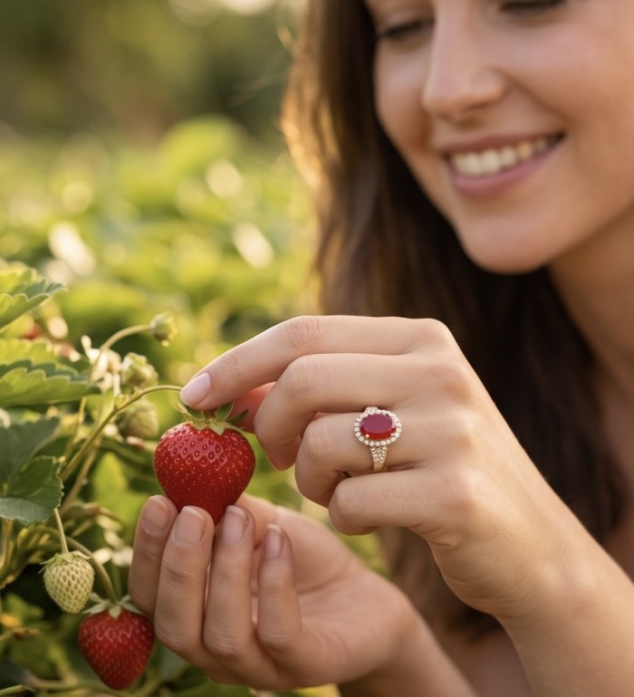 Carmen Authentic 12.5 carat Mozambique Ruby .925 Sterling Silver dippedin 22K Gold brilliantly handcrafted Statement ring; s. 6 1/2 - Ruby ring worn on hand during strawberry picking in garden scene.