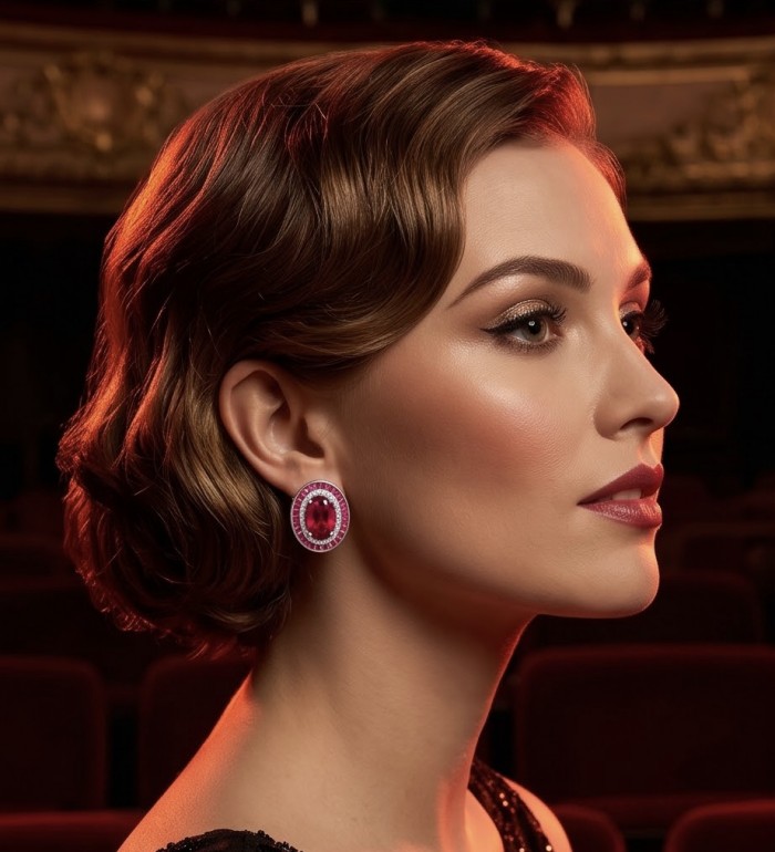 Precious - Art Deco 10.2 carat Ruby .925 Sterling Silver handmade earrings - Side view of Precious Art Deco Ruby earrings worn.