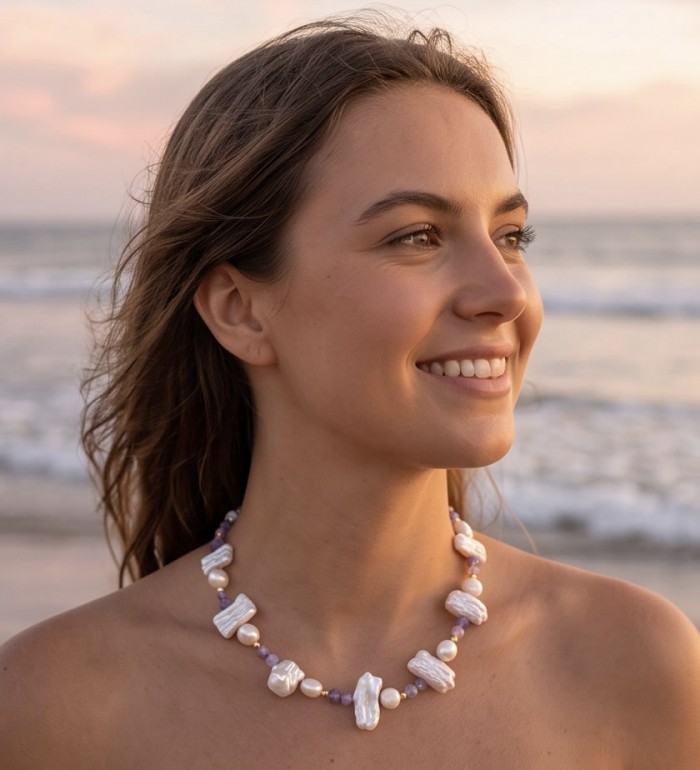 Colors of the Ocean - Outstanding MOTHER OF Pearl .925 Sterling Silver diped in 14K Gold handcrafted Statement necklace - Side view of woman wearing Pearl and Silver Necklace by the ocean.