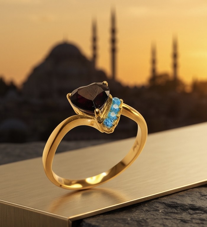 Red Heart 4.1 carat natural Garnet 18K Gold over .925 Sterling Silver Handcrafted Ring size 8 - Gold ring with heart garnet and turquoise, side view, sunset backdrop