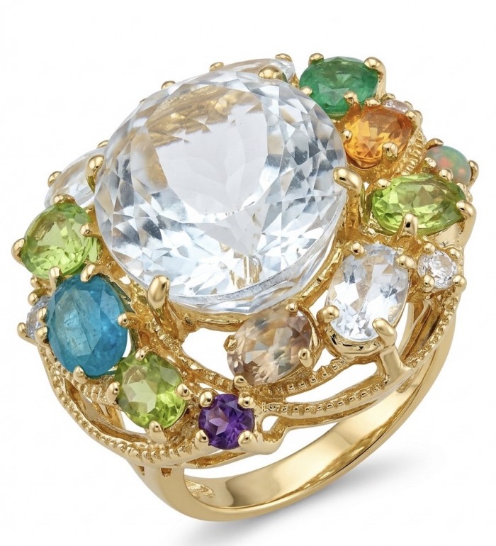 Dolce Vita - Natural 32.8 carat Citrine .925 Sterling Silver dipped in 22K Gold handcrafted Statement LARGE ring; s. 8 - Stone close-up of Dolce Vita ring with colorful gemstones on gold setting.