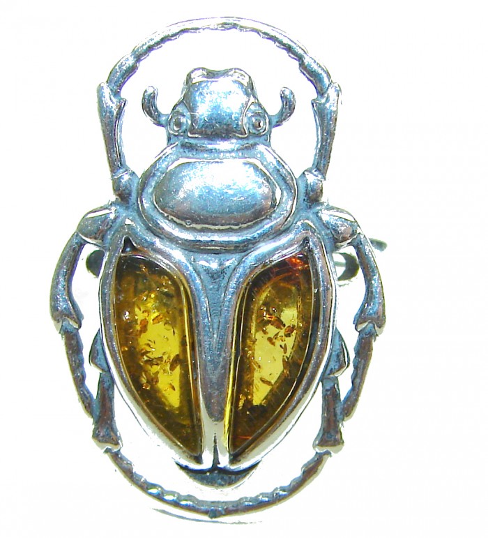 Unique creation - The Egyptian Scarab Beetle natural Baltic Amber .925 Sterling Silver handcrafted .925 Sterling Silver handmade ring s. 7 adjustable - Scarab beetle brooch with amber, silver detail. Front view.