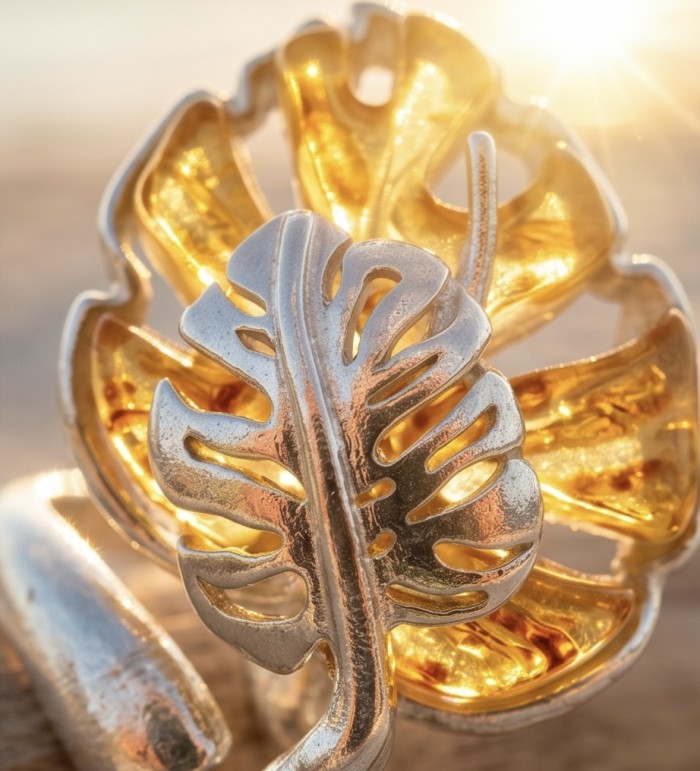 Golden Leaf Authentic carved Baltic Amber .925 Sterling Silver handcrafted ring; s. 7 - Close-up of golden leaf Baltic amber sterling silver jewelry.
