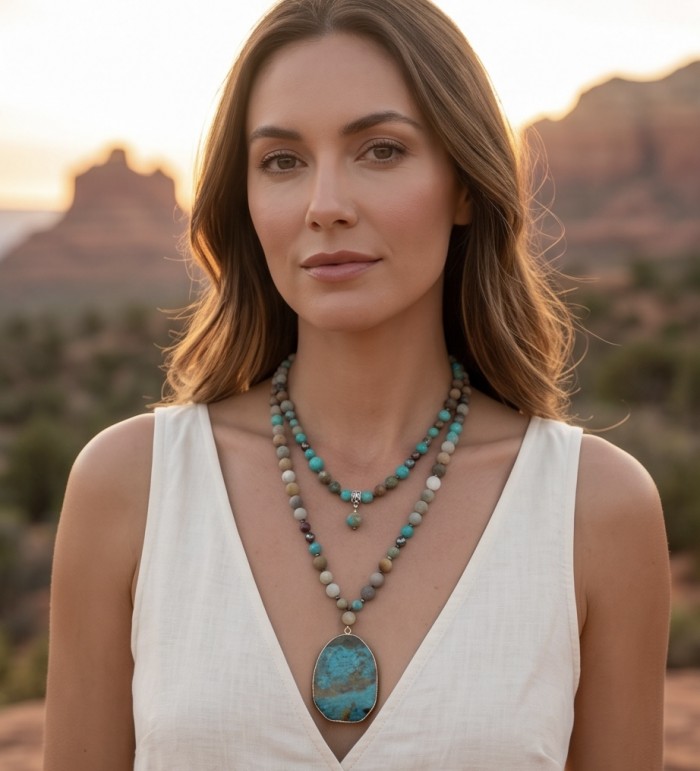 Boho Style - Great quality Chrysocolla .925 Sterling Silver handcrafted Necklace - Boho necklace with chrysocolla pendant worn against landscape background