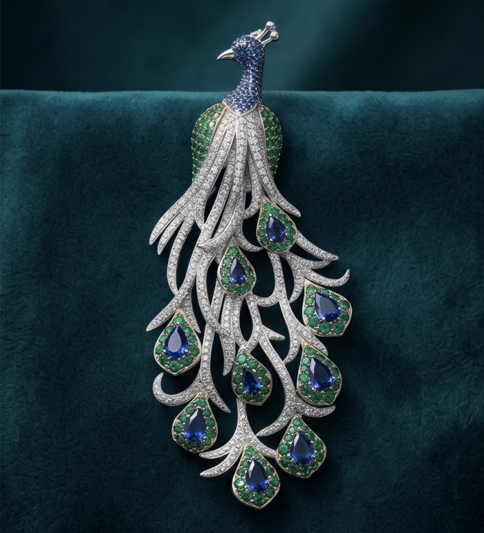 Most Incredible! - Natural 12.8 carat Sapphire Emerald Blue Peacock 2 tones 18K Gold over .925 Sterling Silver Large Brooch Pendant - Peacock brooch showcasing 12.8 carat sapphire and emerald detailing.