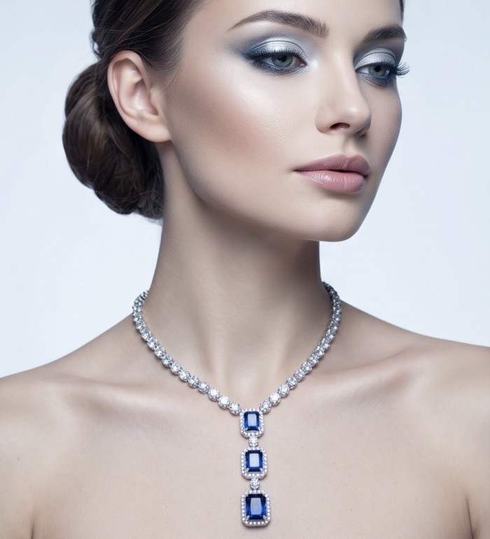 Ofelia - Authentic 10.5 CARAT natural Sapphire .925 Sterling Silver handcrafted necklace - Side view of woman wearing Ofelia Sapphire necklace, 10.5 CT, .925 Sterling