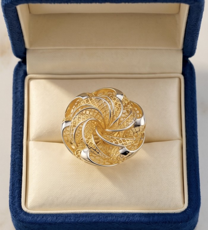 GOLDEN ROSE- Dubai Style - .925 Sterling Silver dipped in 22K Gold handmade Large ring size 6 - Top view of intricate gold and silver ring in a blue velvet box.