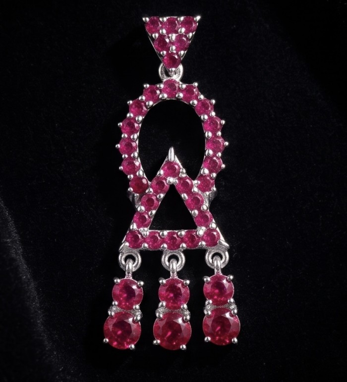 Precious - Art Deco 8.2 carat Ruby rhodium over .925 Sterling Silver handmade earrings - Art Deco ruby pendant front view with rhodium-plated sterling silver.