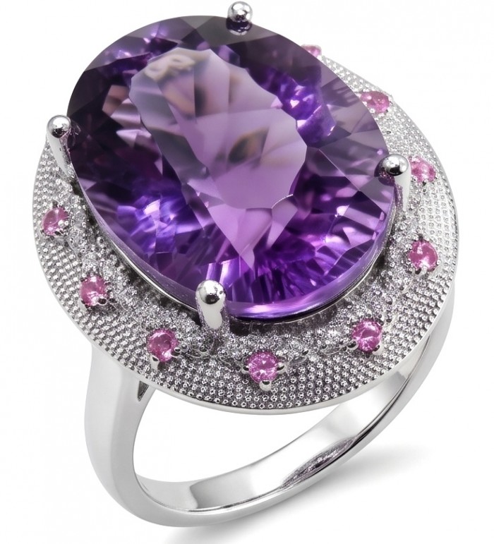 Purple Symphony 15.5 carat natural Amethyst rhodium over .925 Sterling Silver Handcrafted Ring size 8 adjustable - Oval amethyst ring with pink accents, top view, rhodium over silver.