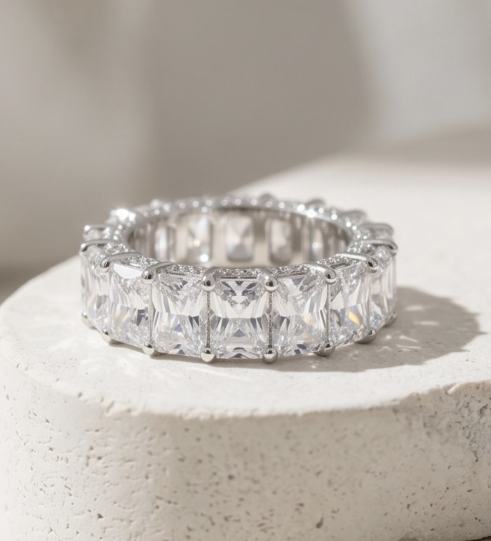 Eternity- 14.8 carat White Topaz Silver tone handcrafted Soild ring size 6 - Eternity ring side view, 14.8 carat white topaz in silver tone setting.