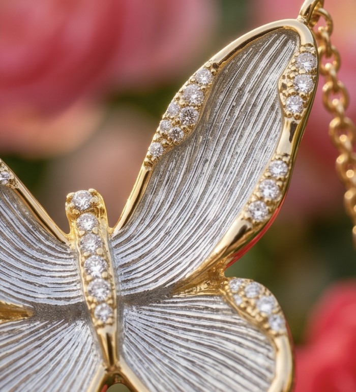 Golden Butterfly White Topaz highly polished 18K Gold over .925 Sterling Silver Italy made necklace - Close-up of golden butterfly pendant with white topaz accents.