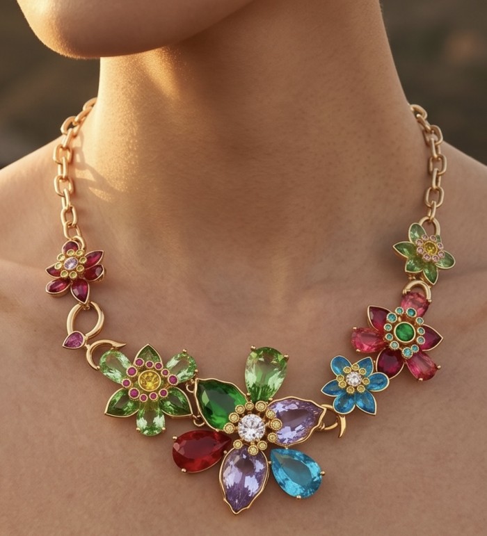 55.2 carat Blooming Garden Natural multicolot Topaz 14k Gold over .925 Sterling Silver handcrafted Statement necklace - Worn on neck, floral topaz necklace with colorful gems and gold chain.