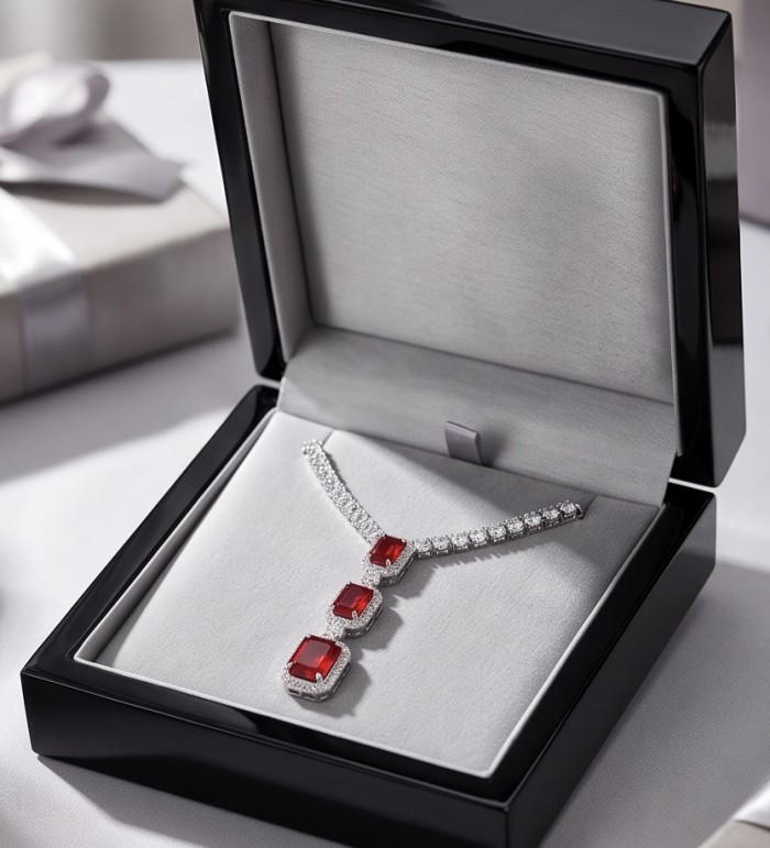 Serafina - Magnificent Jewel 9.8 carat Ruby .925 Sterling Silver handcrafted incredible Statement Necklace - Ruby necklace in box, front view, showcasing stones and settings.