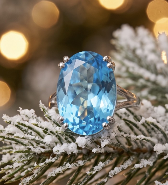 Aqua 18.5 carat Swiss Blue Topaz rhodium over .925 Sterling Silver handcrafted ring size 7 1/4 - Close-up of Aqua 18.5 carat Swiss Blue Topaz ring on snowy branch.