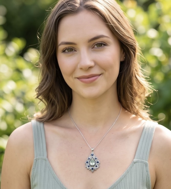 Isabel Authentic 20.2 carat Green Amethyst Sapphire rhodium over .925 Sterling Silver handmade pendant - Woman wearing Isabel green amethyst sapphire necklace outdoors.