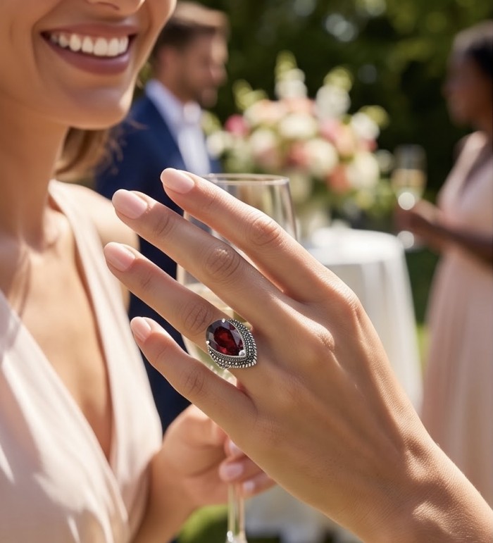 EMPRESS Genuine 18.9 CARAT Ruby rhodium over .925 Sterling Silver Statement Ring size 7 1/4 - Ruby ring worn on hand at a social event, focus on the gemstone.