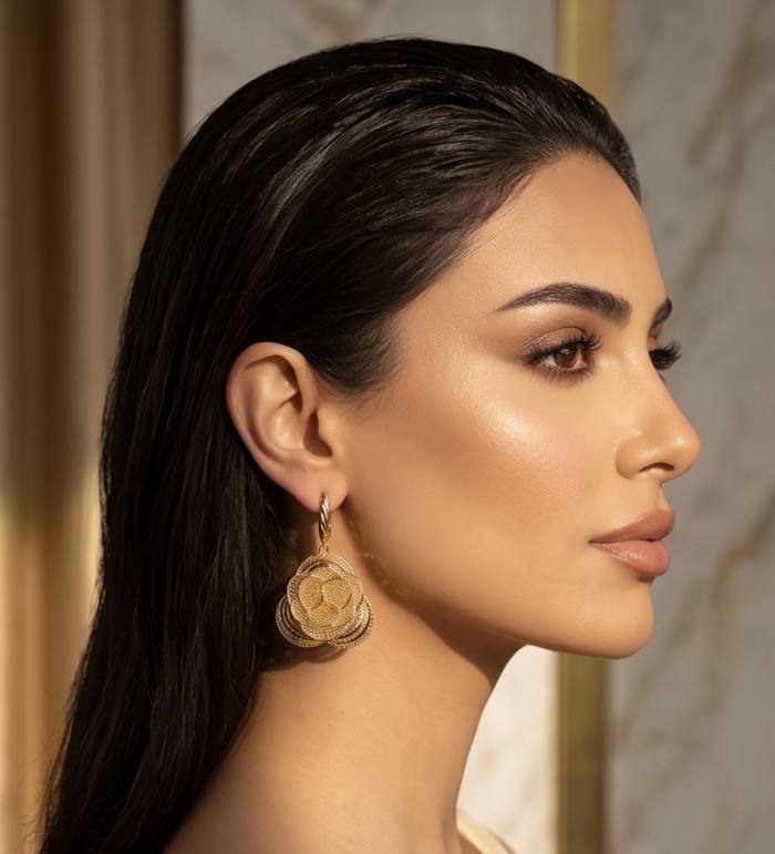 Golden Roses Dubai Style - .925 Sterling Silver dipped in 22K Gold handmade Earrings - Side view of woman wearing golden rose earrings in natural light
