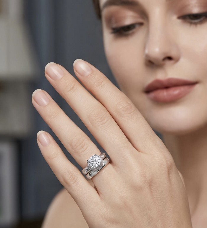 Aphrodite - 4.8 carat White Topaz Silver tone handcrafted stack up ring size 7 - Woman wearing Aphrodite ring, 4.8 carat white topaz, hand close-up.