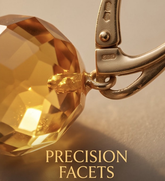 Faceted spheres authentic 11.2 carat Golden Baltic Amber 18K Gold over .925 Sterling Silver Earrings - Close-up of faceted golden Baltic amber with clasp detail.