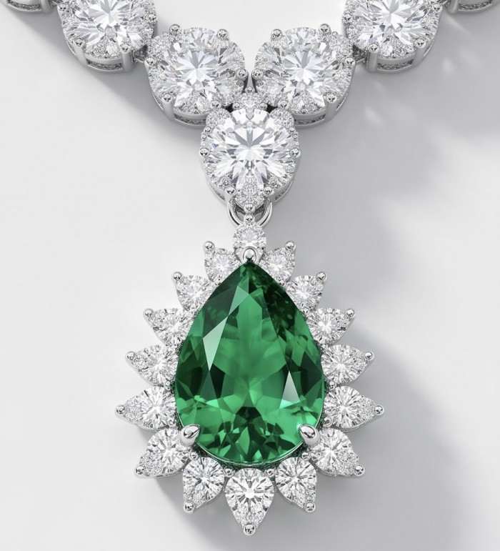 Estelle - Authentic 7.9 carat COLOMBIAN EMERALD rhodium over .925 Sterling Silver handcrafted necklace - Close-up of Colombian emerald necklace with diamond accents.