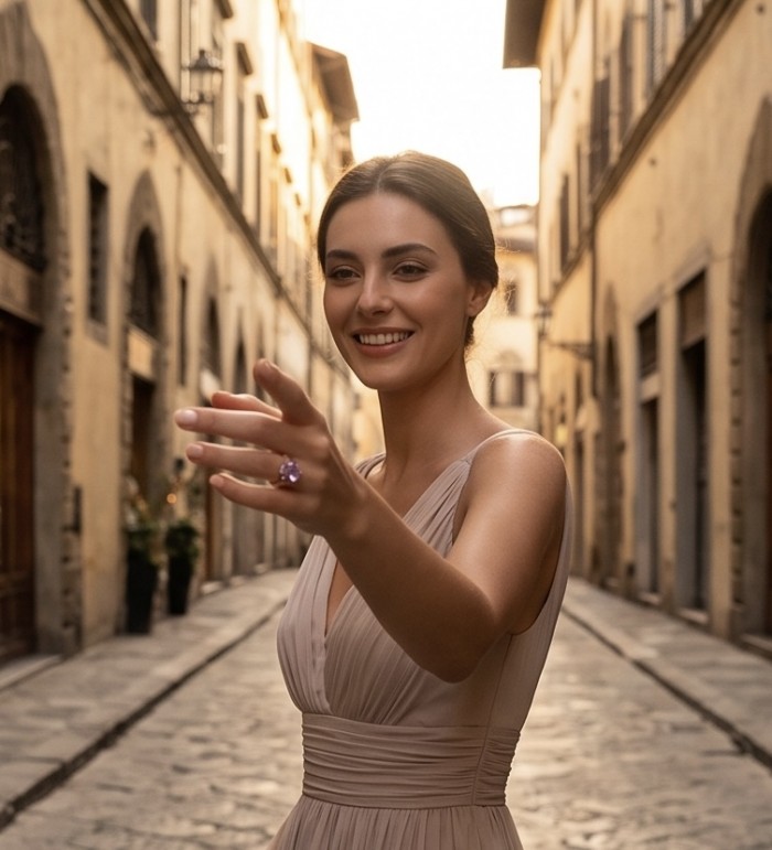 4.9 carat Amethyst rhodium over .925 Sterling Silver HUGE Ring s. 7 - Amethyst ring worn on hand, showing the stone street view background.