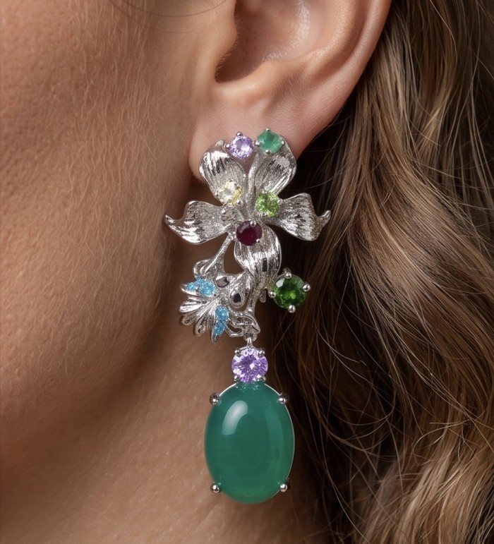 Enchanted Beauty 19.5 carat authentic Jade rhodium over .925 Sterling Silver handcrafted earrings - Earring with multi-stone floral design, worn on ear, close-up view.