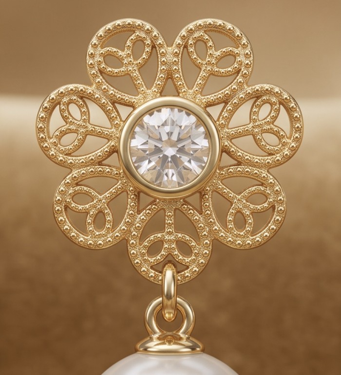 Large - Sublime natural Pearl White Tuopaz 18K Rose Gold over .925 Sterling Silver handcrafted Earrings - Close-up of 18K rose gold and white topaz with pearl detail