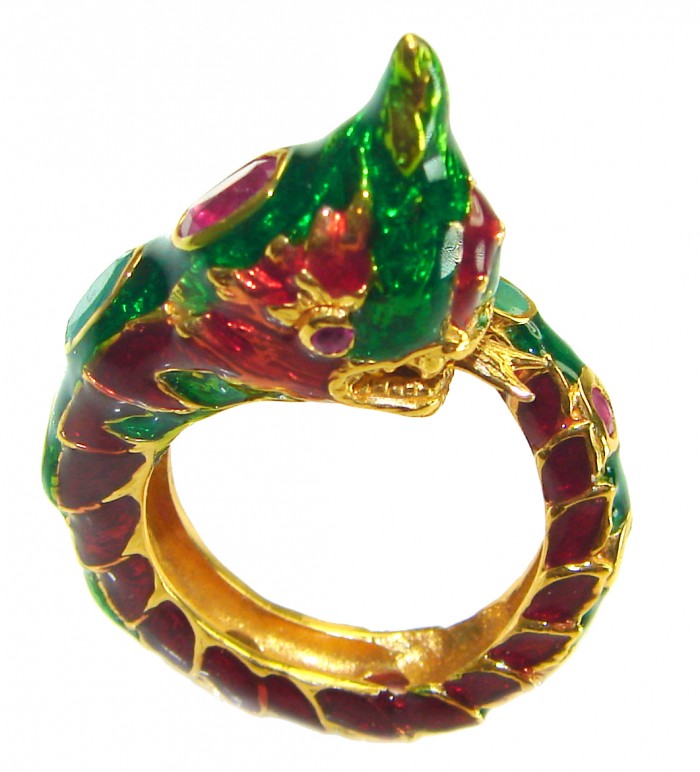 Dragon - symbolizes supernatural power- Enamel Ruby 18K Gold over .925 Sterling Silver Huge handcrafted Ring s. 8 1/4 - photo 4