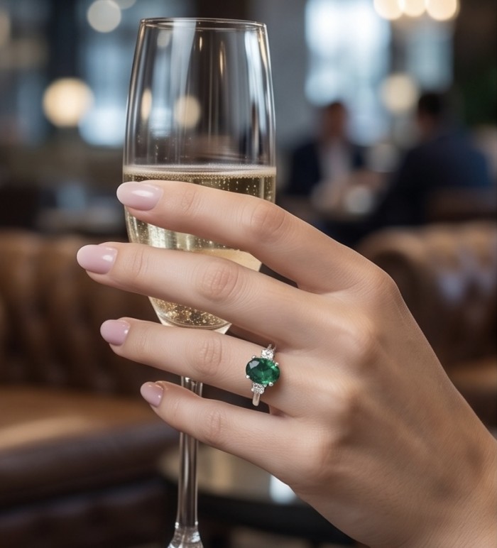 3.4 carat natural Colombian Emerald .925 Sterling Silver handmade Statement Ring size 7 - 3.4 carat Colombian emerald ring worn on hand with champagne glass
