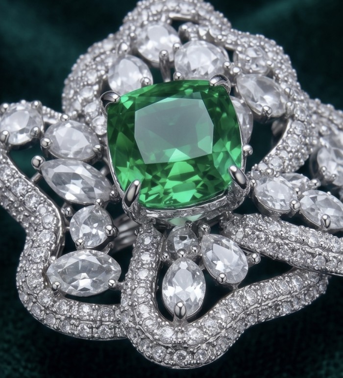 Exotica Natural 5.4 carat Tsavorite Garnet .925 Sterling Silver handmade Large Statement Ring size 7 - Close-up of Exotica Tsavorite Garnet with surrounding stones and setting.