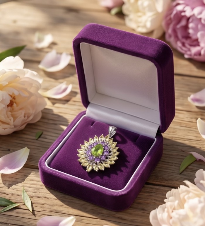Wise Bliss Authentic 5.2 carat Peridot from Arizona .925 Sterling Silver handmade pendant - Peridot pendant in purple box, top view with floral background