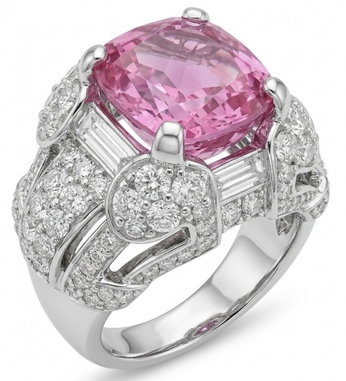 Anastasia 10.2 carat Pink Sapphire .925 Sterling Silver dipped in Rhodium Handcrafted Statement Ring size 8 - Pink sapphire ring with diamonds, side view.